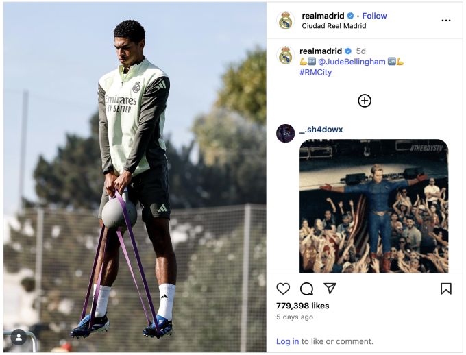 Bức ảnh Bellingham như đang bay với tạ bình vôi gây sốt trên Instagram. Ảnh chụp màn hình