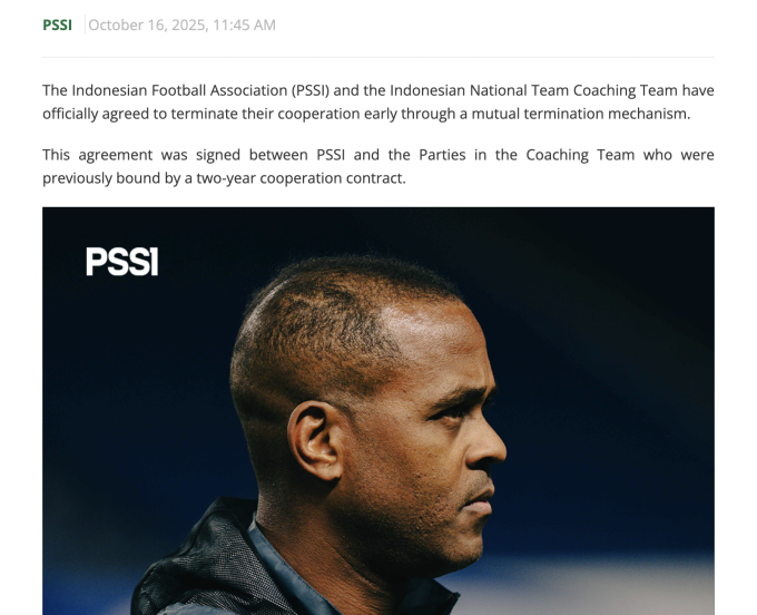 Thông báo của PSSI trưa 16/10 không nhắc tới tên HLV Kluivert. Ảnh: chụp màn hình